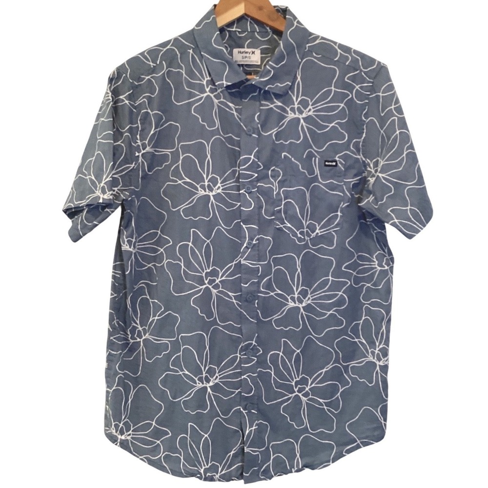 Hurley Mens Small Gray/Blue Floral Short Sleeve Button Down Shirt Pocket Hawaii